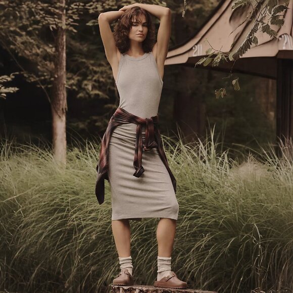 Anthropologie Michael Stars Wren Ribbed Midi Dress in Heather Gray - sz Large - Picture 1 of 8
